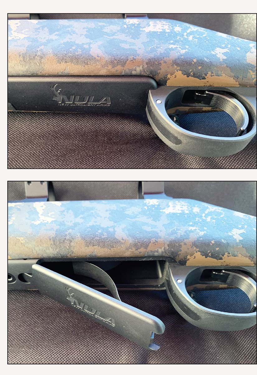 The NULA rifles have hinged floorplates for easy unloading. A good view of the serrated trigger face.